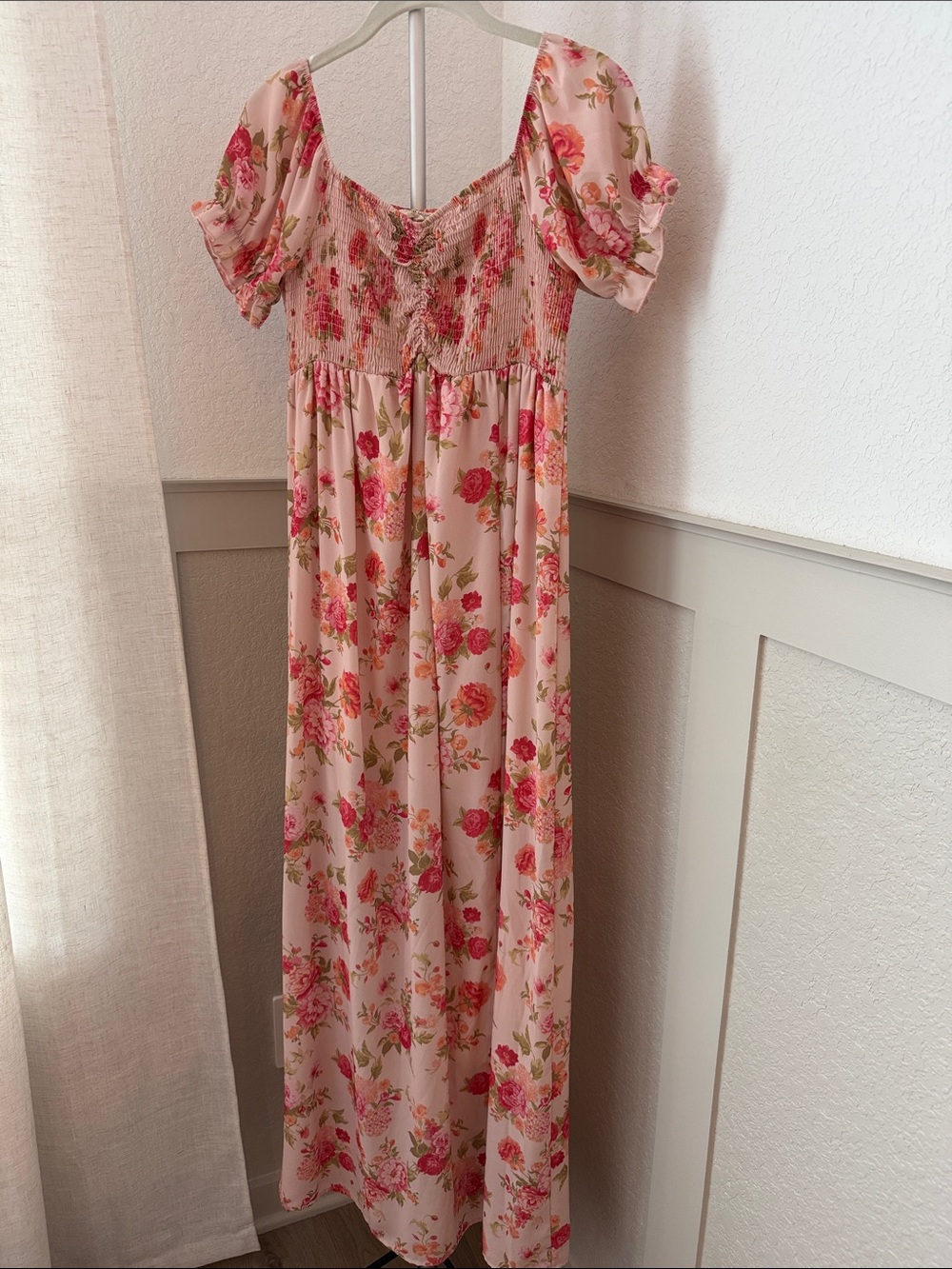 Peach Love California Pink Floral Maxi Dress with Smocked Bodice